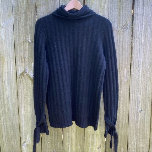 100% cashmere saks fifthe ave black pullover sweater tie bow sleeves knit - Picture 1 of 6